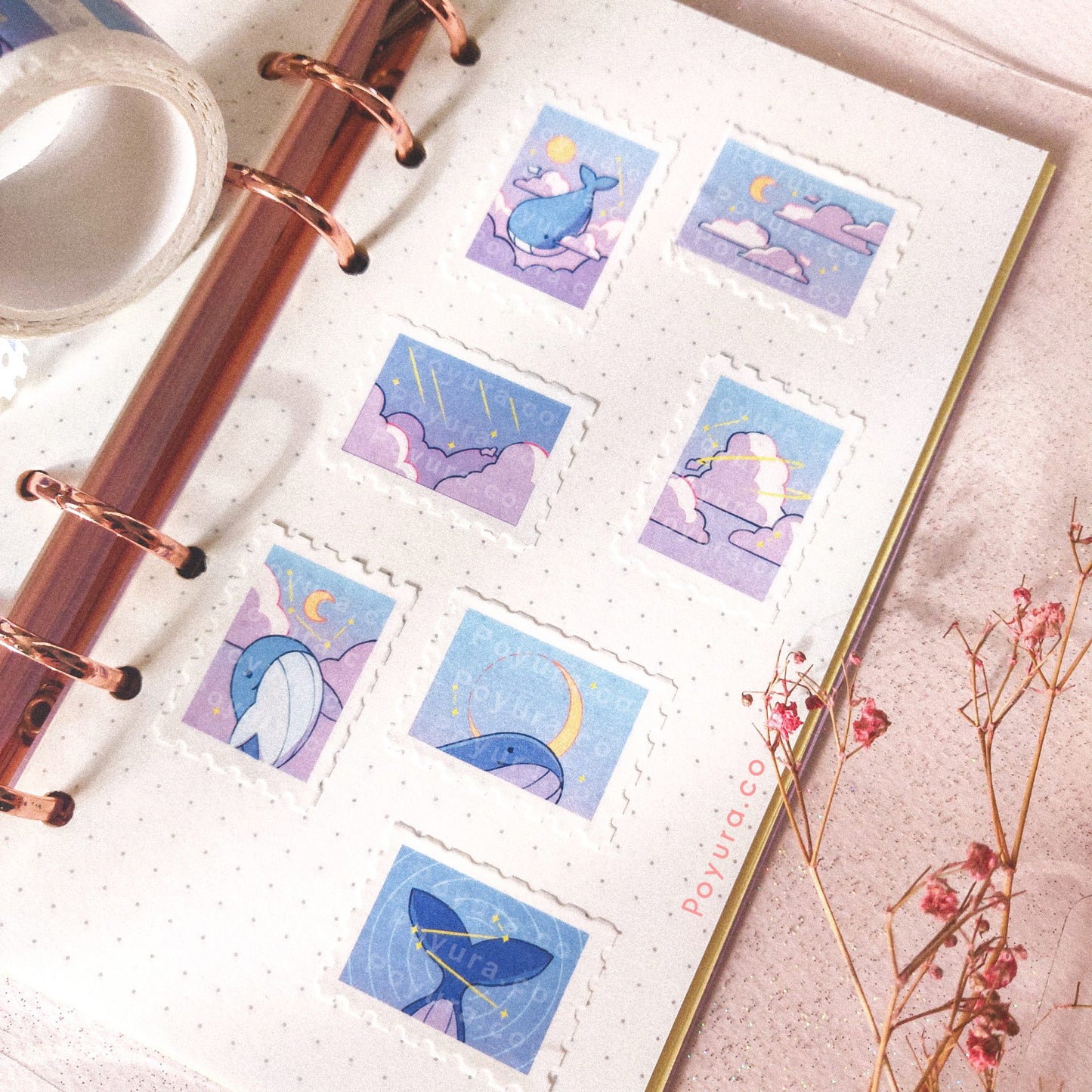 Raimu whale sky galaxy dreamy magical aesthetic moon star stamp washi tape journal polco toploader deco