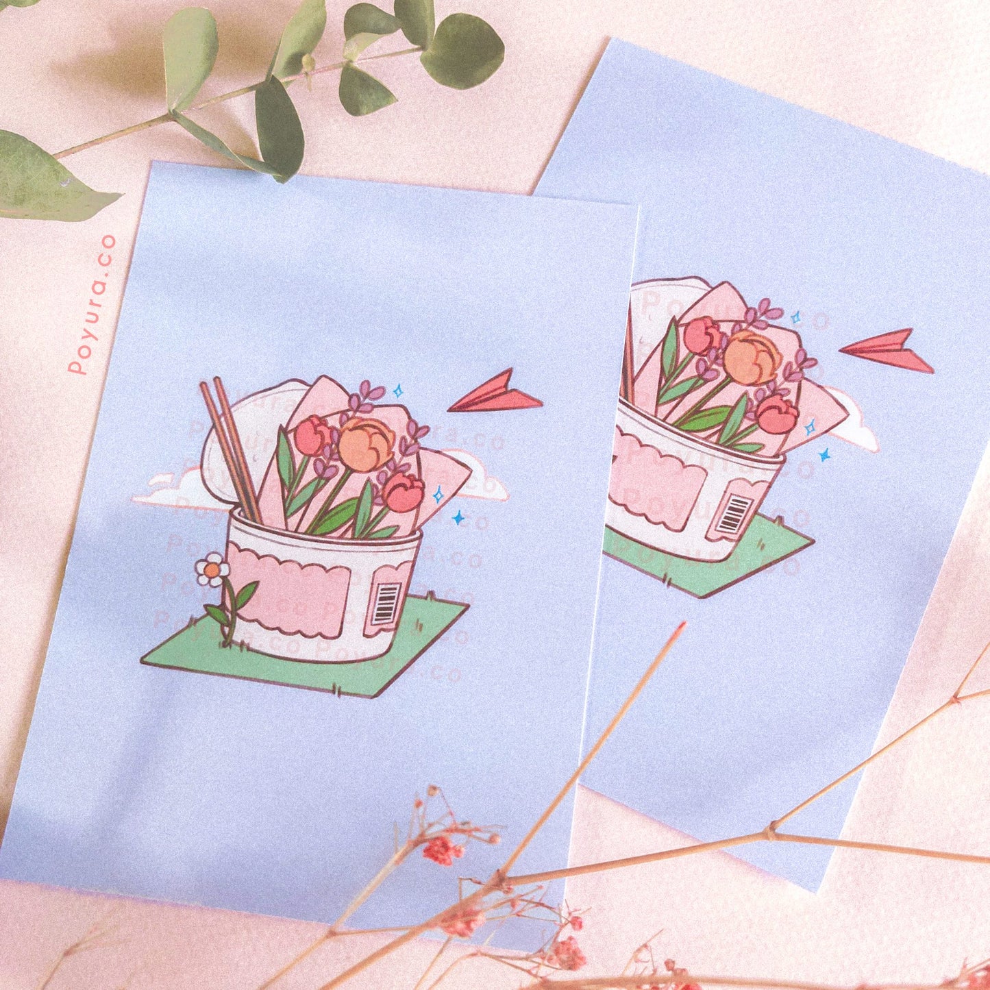 Tulip flower floral plant leaves leaf cup noodles instant asian food chopstick cute postcard art print