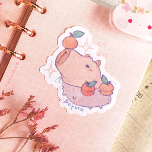 Aesthetic cute pink capybara orange yuzu citrus lemon animal bathing Japan polco deco kpop journal bujo penpal toploader sticker flake die cut