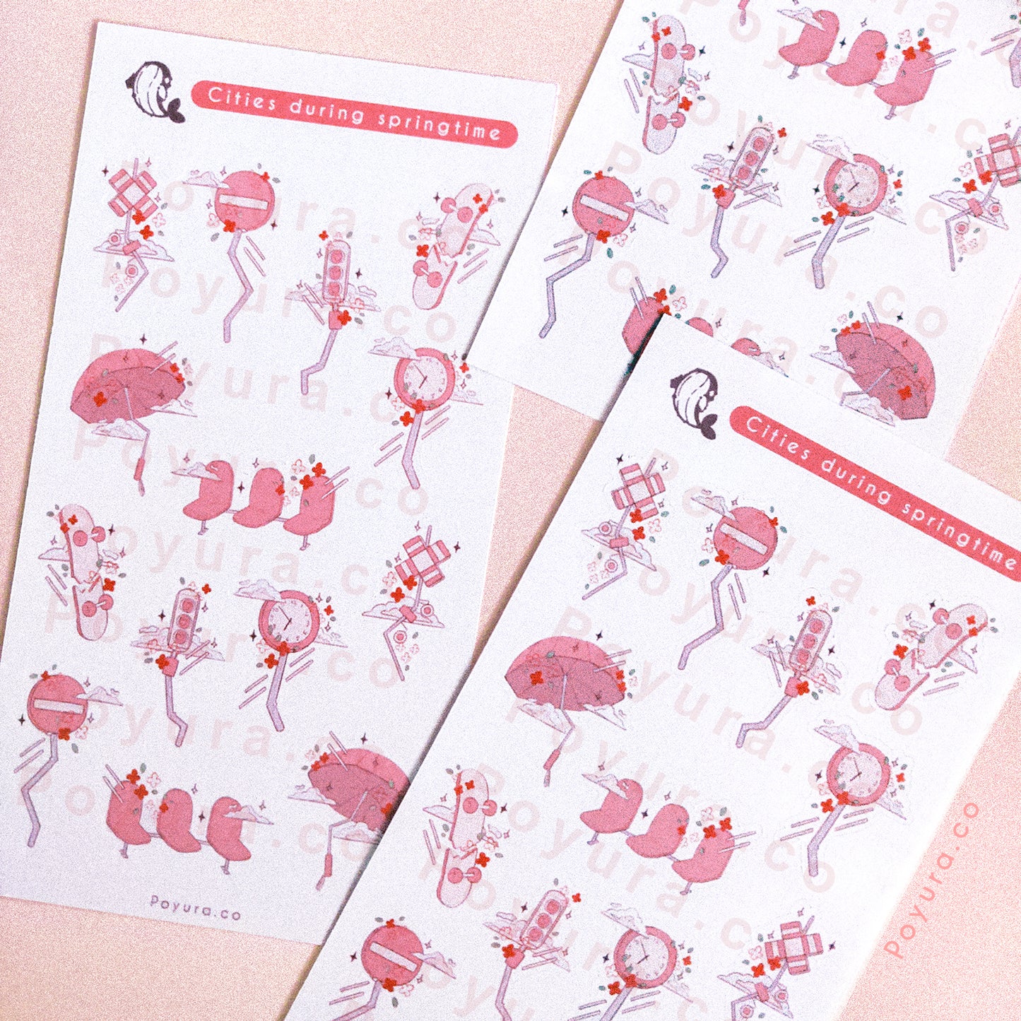 Spring urban city pink umbrella aesthetic cute polco deco kpop journal toploader sticker sheet