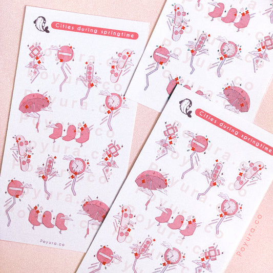 Spring urban city pink umbrella aesthetic cute polco deco kpop journal toploader sticker sheet