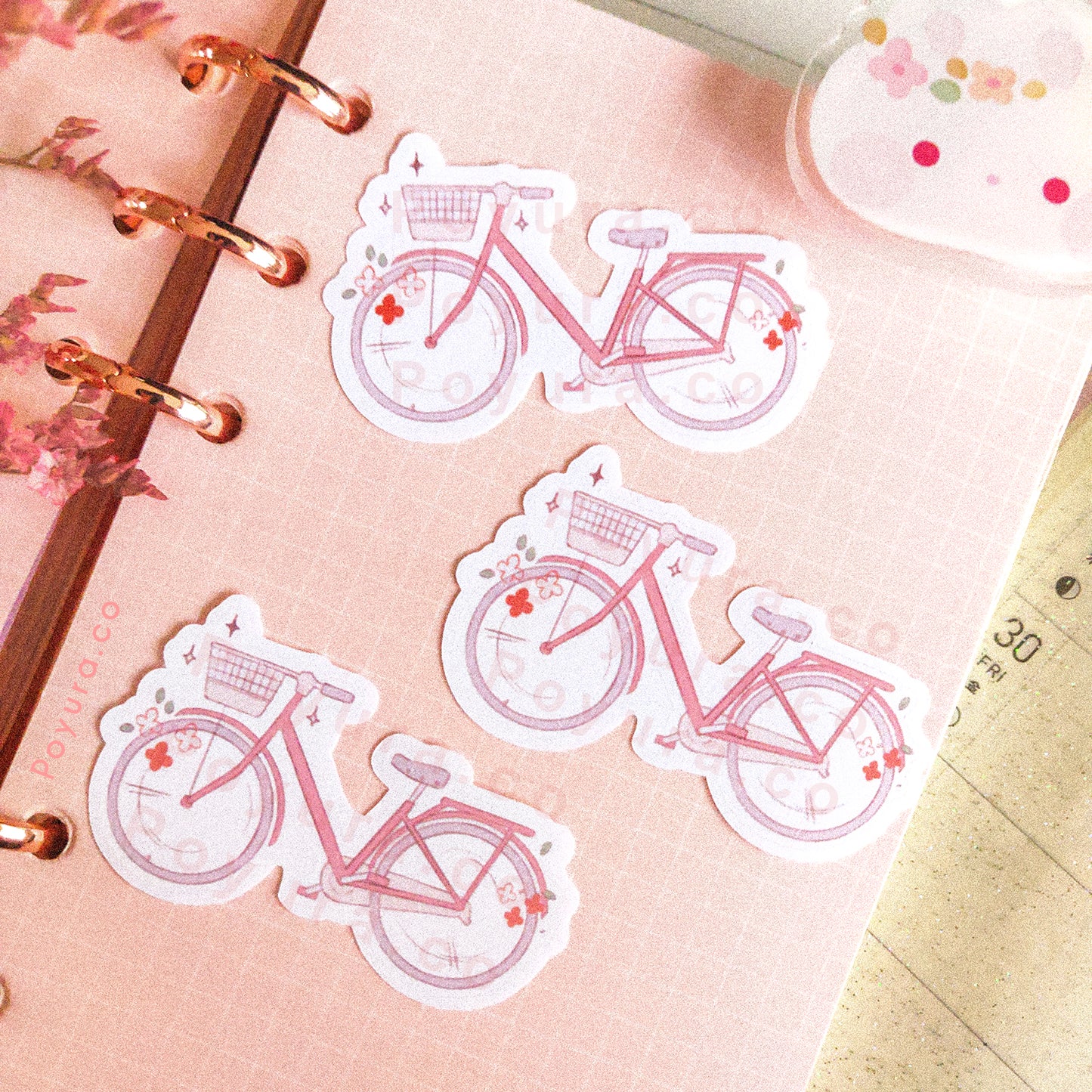 Aesthetic flower bike ride spring floral pink cute polco deco kpop journal toploader sticker flake die cut