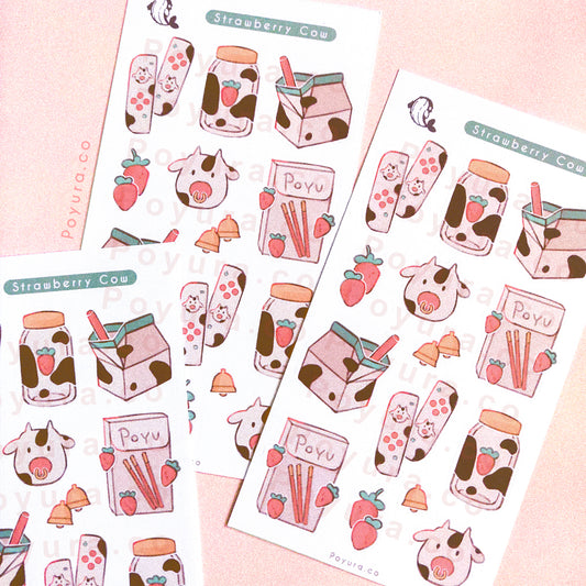 Strawberry cow milk game console switch pocky food snack asian netherlands holland amsterdam aesthetic cute polco deco kpop journal toploader sticker sheet