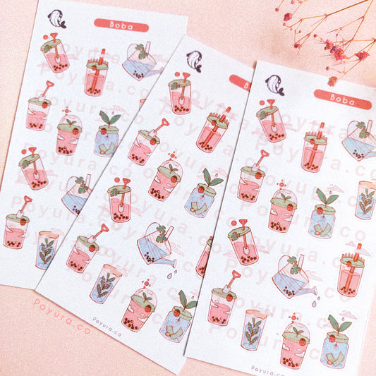 Cafe boba bubble tea drink food gardening plant mom flower watering can green fingers leaves houseplant aesthetic cute polco deco kpop journal toploader sticker sheet