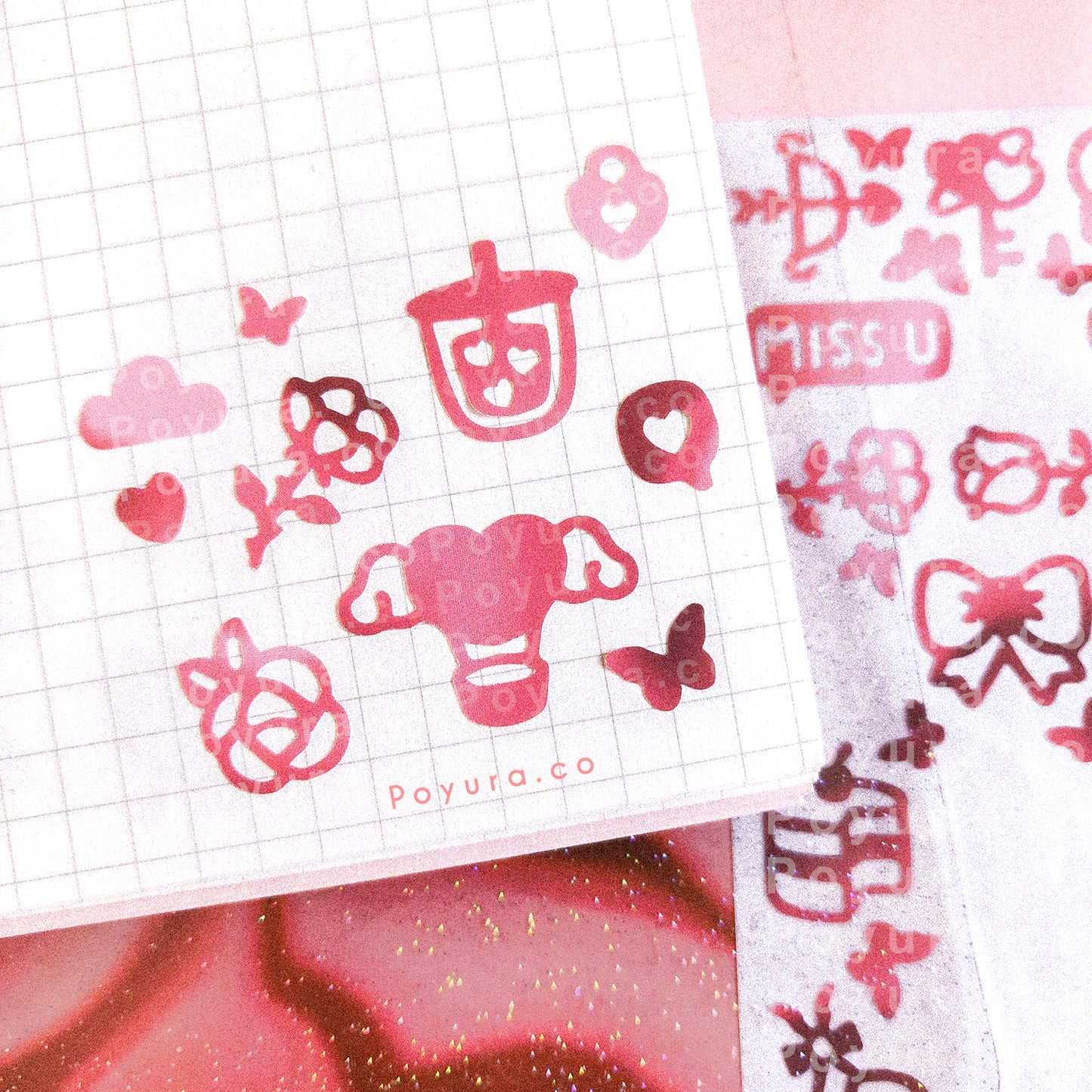 Valentine love deco tiny small filler star sparkle heart ribbon arrow bow donut hot air balloon bubble tea boba shopping selflove bear plushie butterfly strawberry chocolate sweets food drink cake cafe letter aesthetic cute polco deco kpop journal toploader sticker sheet