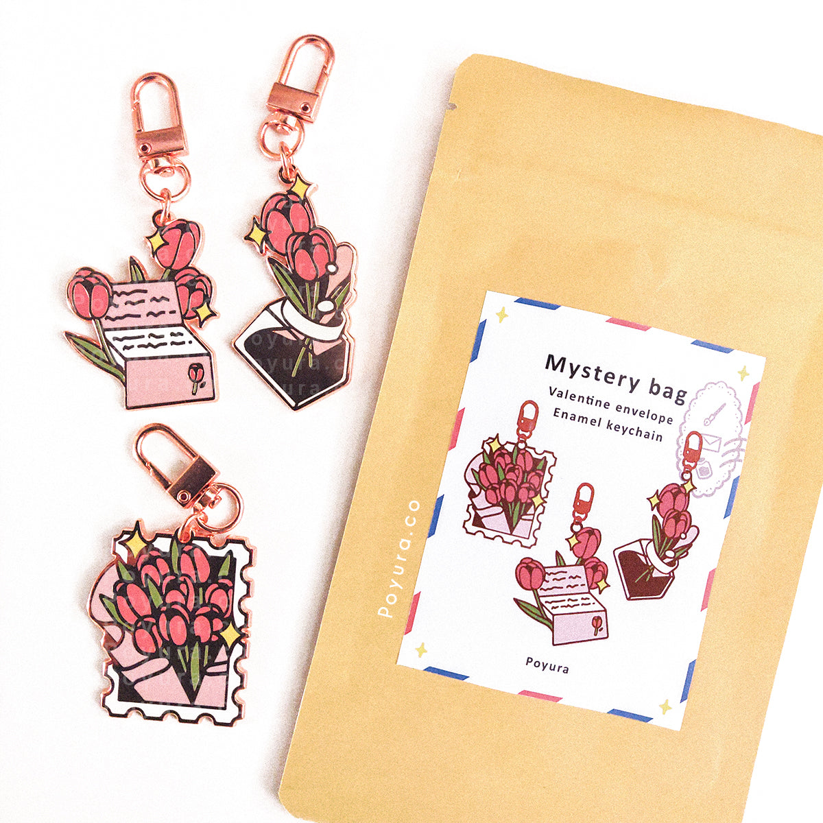 Keychain gacha mystery bag blind bag lucky bag tulip flower bouquet letter penpal pen writing mail ink bottle stamp post valentine's day love heart enamel keychain cute spring pink purple flower floral retro game metal keycharm charm keyring bag makeup bag canvas tote bag deco accessory