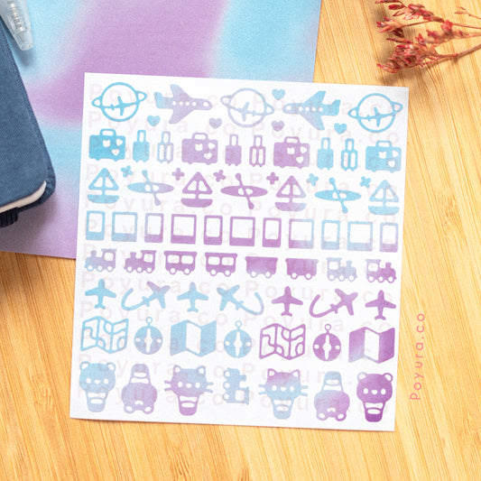 Travel deco sticker colorway color palette korean photocard toploader penpal bujo journal planner sticker sheet tiny confetti holiday staycation luggage packing plane trip roadtrip boat ship canoe sailing train bus hot air balloon compass map polaroid picture camera memories