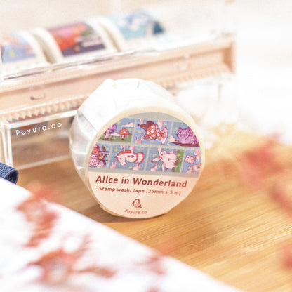 Alice in wonderland stamp washi tape Japanese Korean cute aesthetic stationery polco kpop journal toploader deco mad hatter cat bunny watch playing card rose flower chess queen of heart high tea party mushroom blue