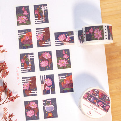 Lotus flower stamp washi tape Japanese Korean cute aesthetic stationery polco kpop journal toploader deco oriental Chinese clouds fan tea ceremony sword red umbrella