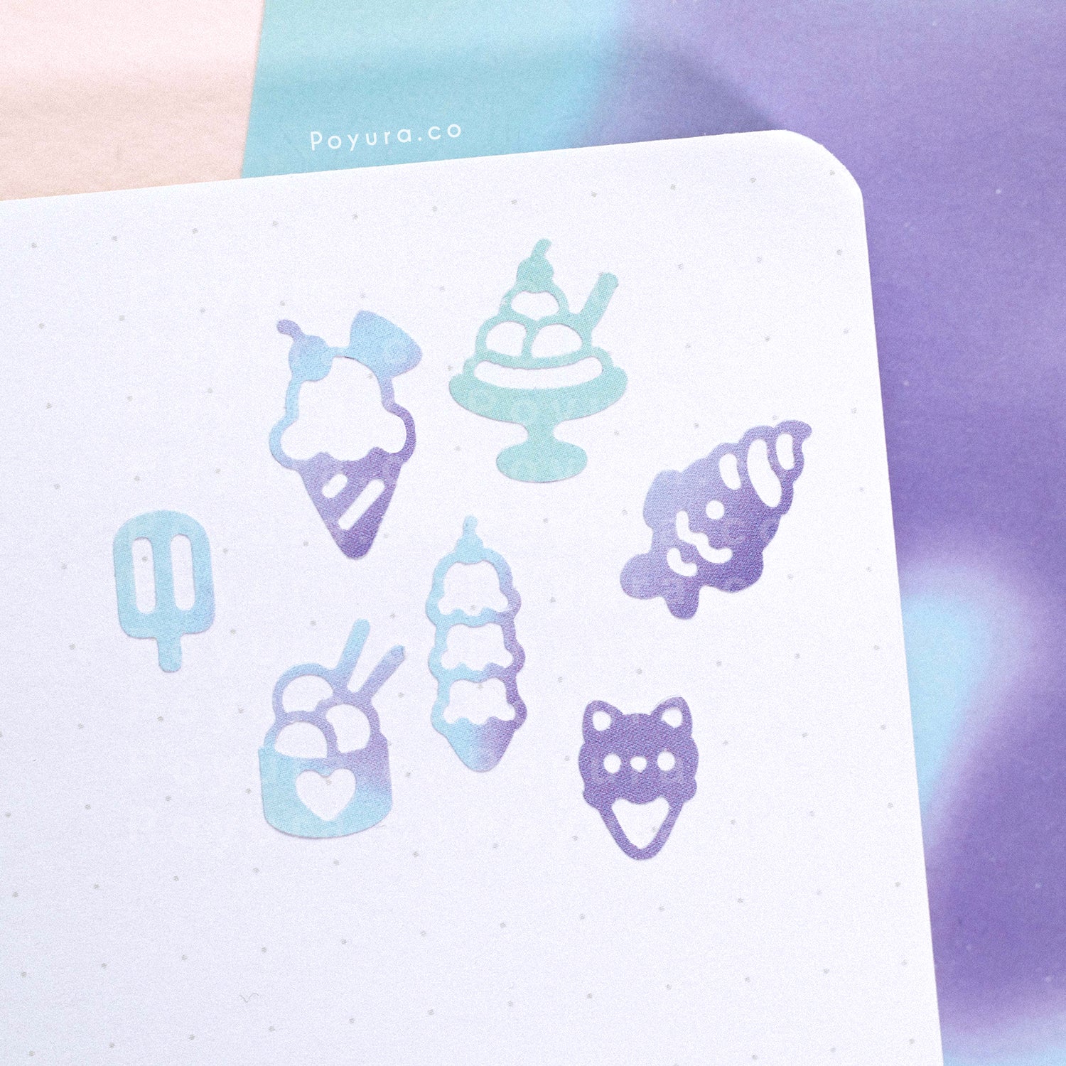 Borderless sticker with ice cream and ice pop cutouts in different blue and purple tints