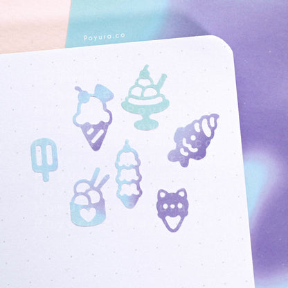 Borderless sticker with ice cream and ice pop cutouts in different blue and purple tints