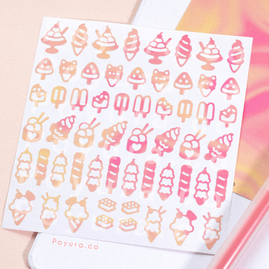 Borderless sticker with ice cream and ice pop cutouts in different pink and orange tints