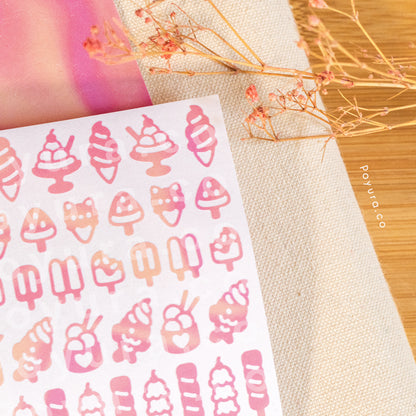 Borderless sticker with ice cream and ice pop cutouts in different pink and orange tints