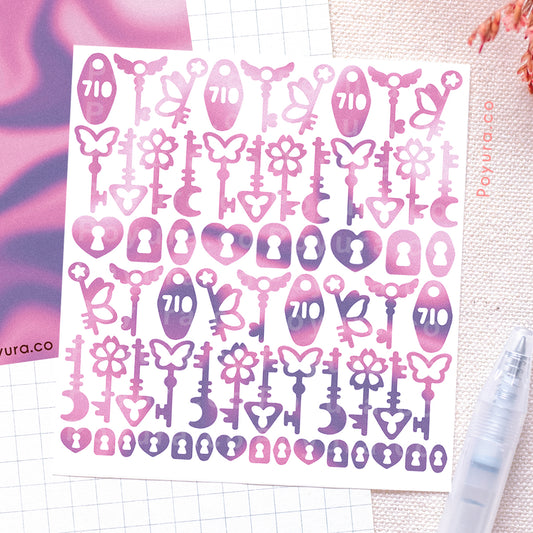 Borderless sticker with key and lock cutouts in different purple tints