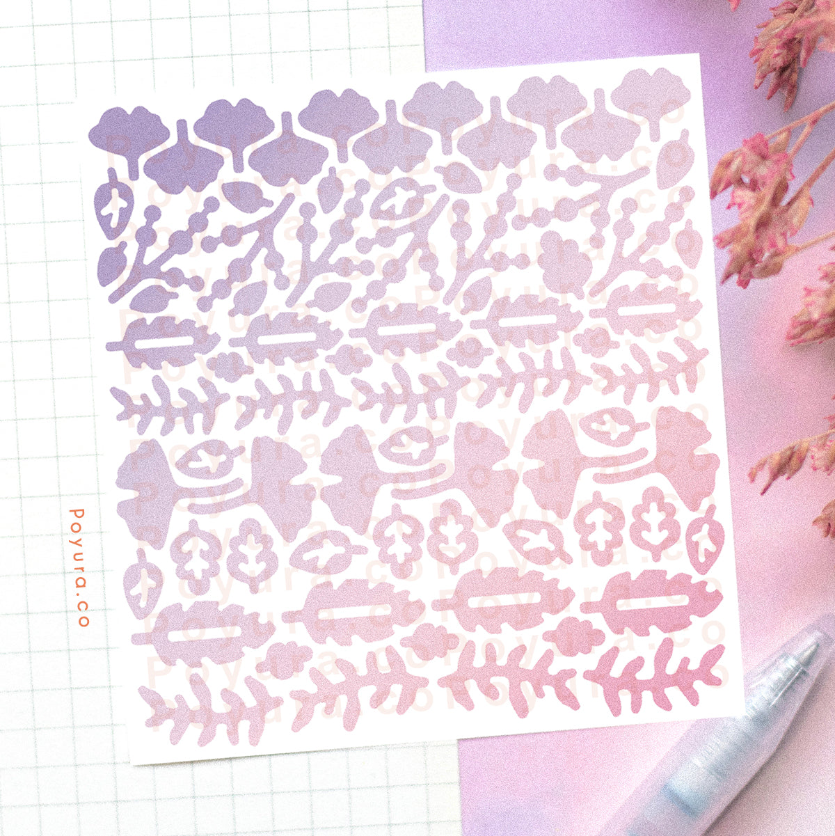 Borderless sticker with cute leave cutouts in different purple and pink tints