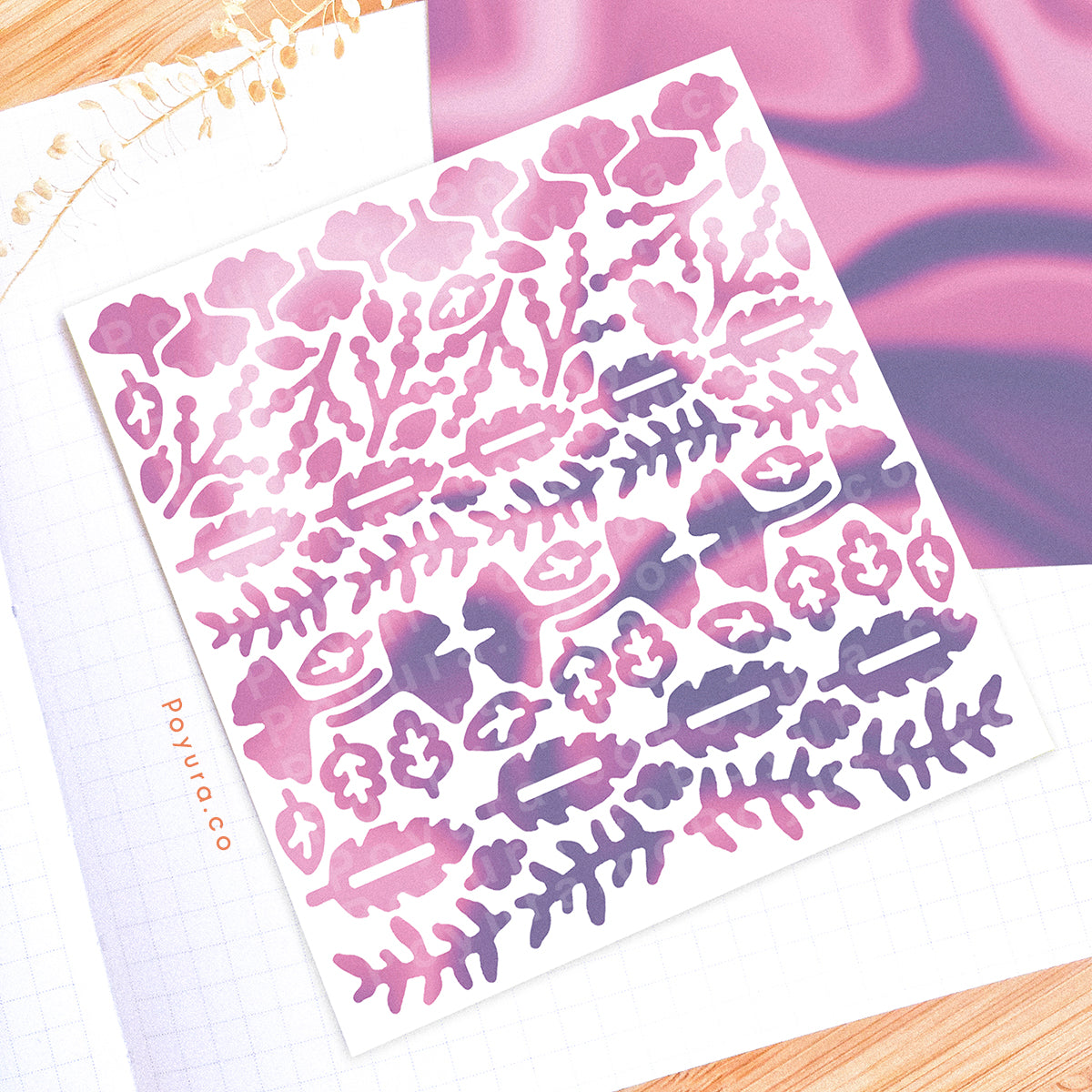 Borderless sticker with cute leave cutouts in different pink and purple tints