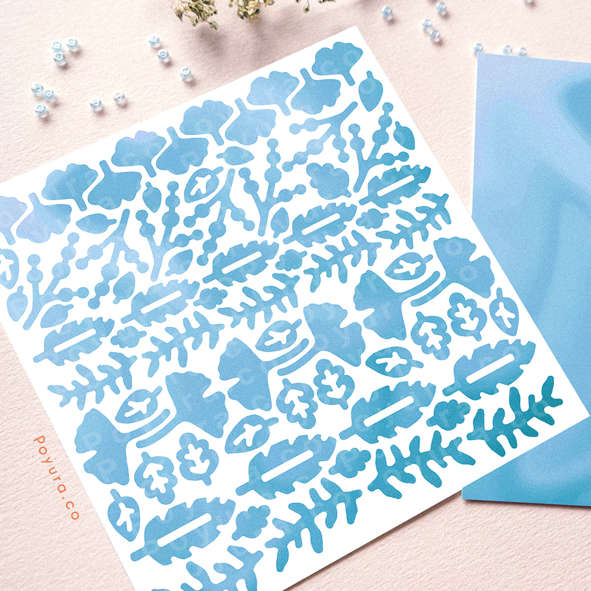 Borderless sticker with cute leave cutouts in different blue tints