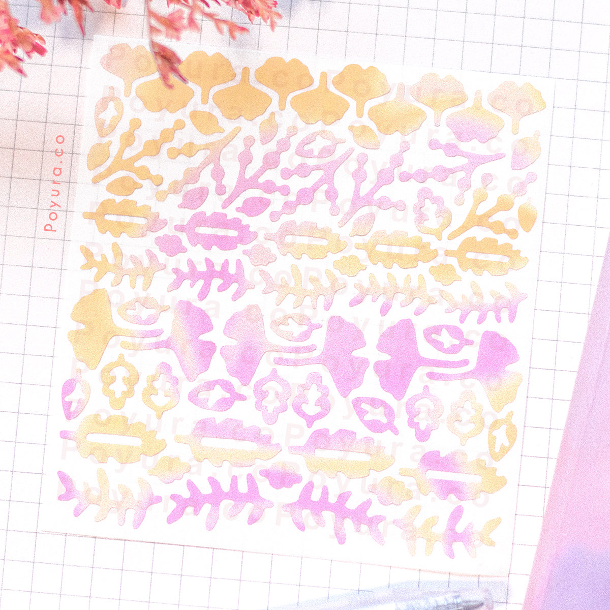 Borderless sticker with leaves cutouts in different pink and yellow tints