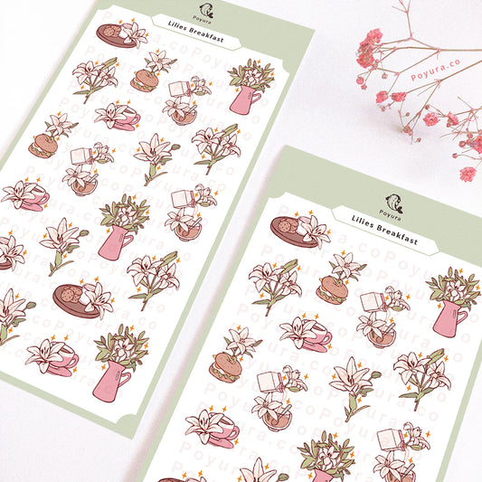 Sticker sheet of cute lilies flowers and breakfast