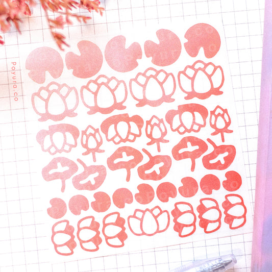 Borderless sticker with lotus flower cutouts in different red tints