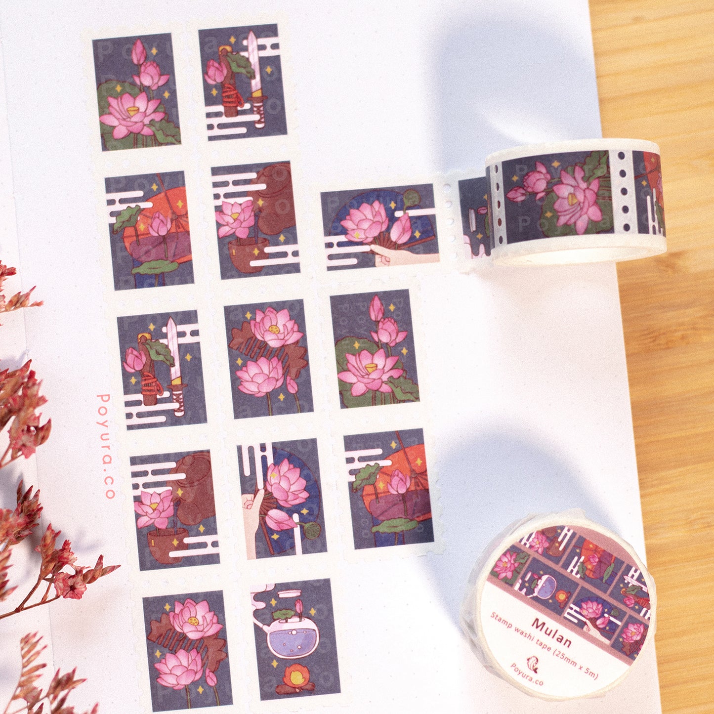 Stamp washi tape with Asian fans, tea and lotus flower design