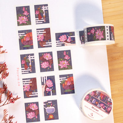 Stamp washi tape with Asian fans, tea and lotus flower design