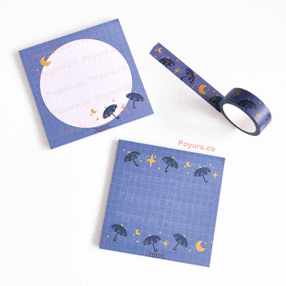 Bundle of two dark blue magical umbrella memo notepad and matching washi tape