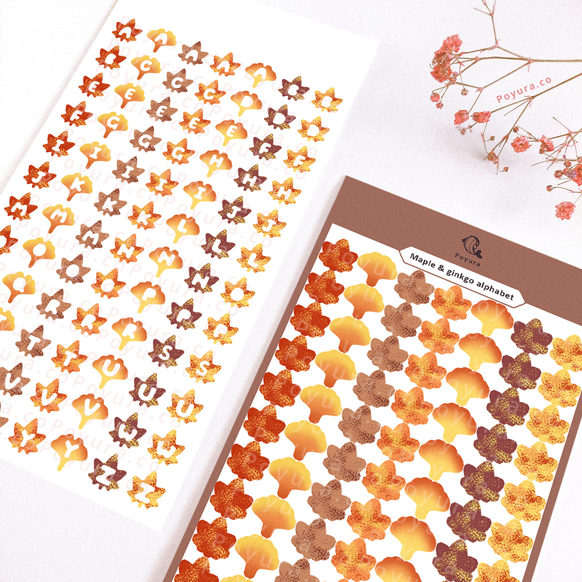 Sticker sheet of cute fall maple and ginkgo with alphabet letter cutouts