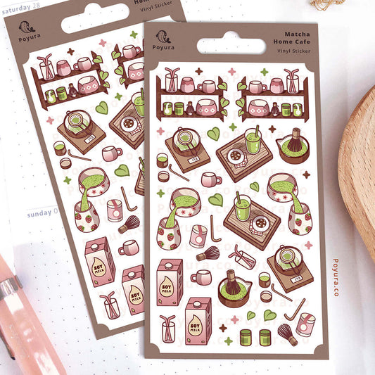 Two sheets of vinyl stickers featuring matcha-themed illustrations on a white background.