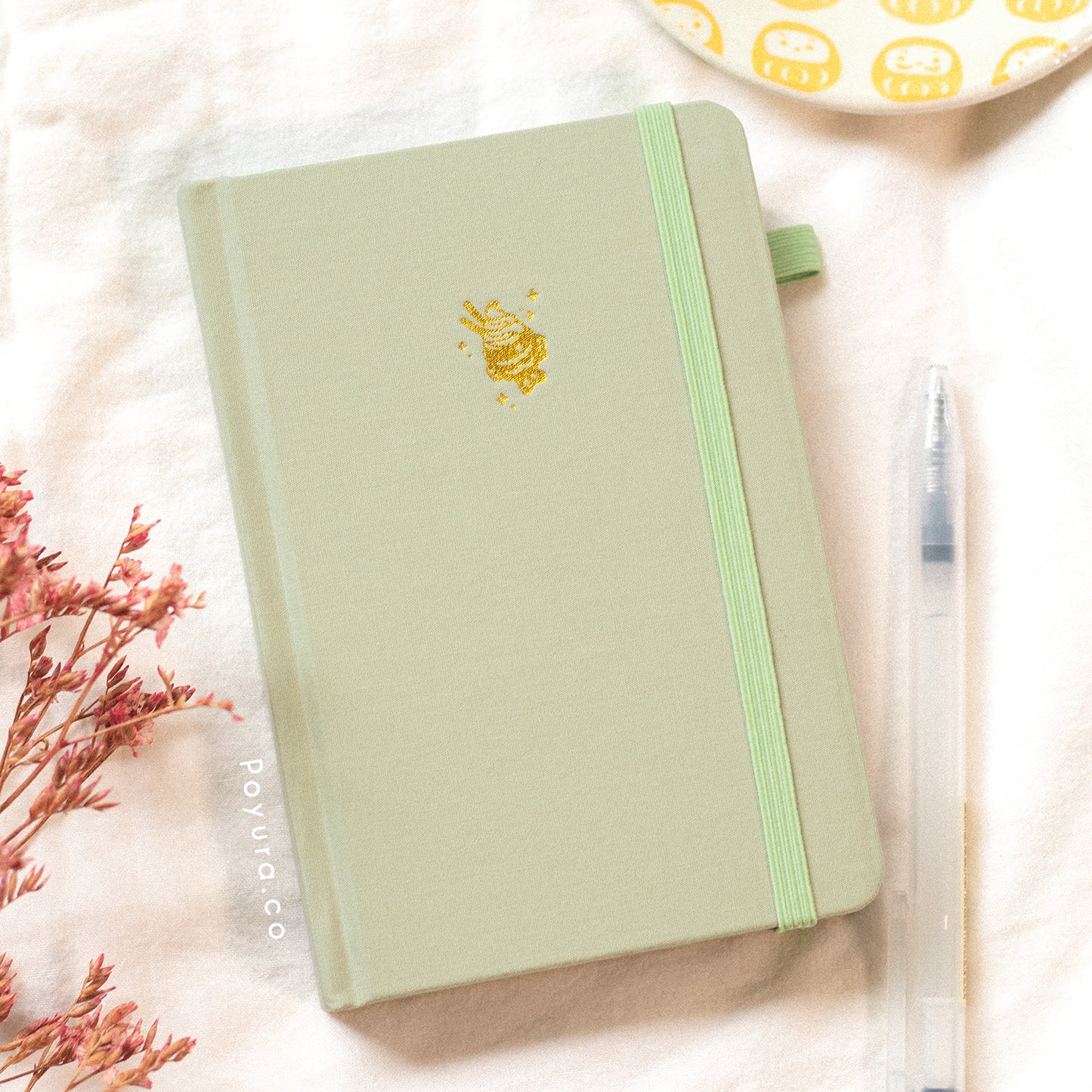 Green A6 linen hardcover Asian matcha taiyaki bullet journal with gold foil finish