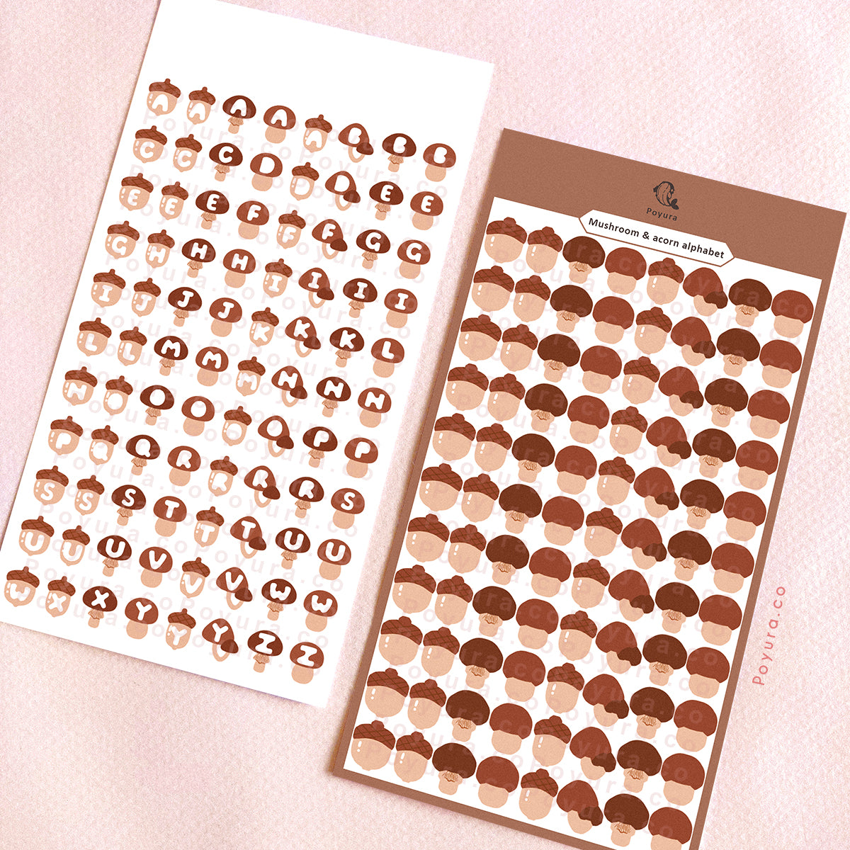 Sticker sheet of cute fall mushrooms with alphabet letter cutouts