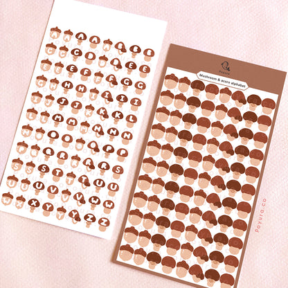 Sticker sheet of cute fall mushrooms with alphabet letter cutouts