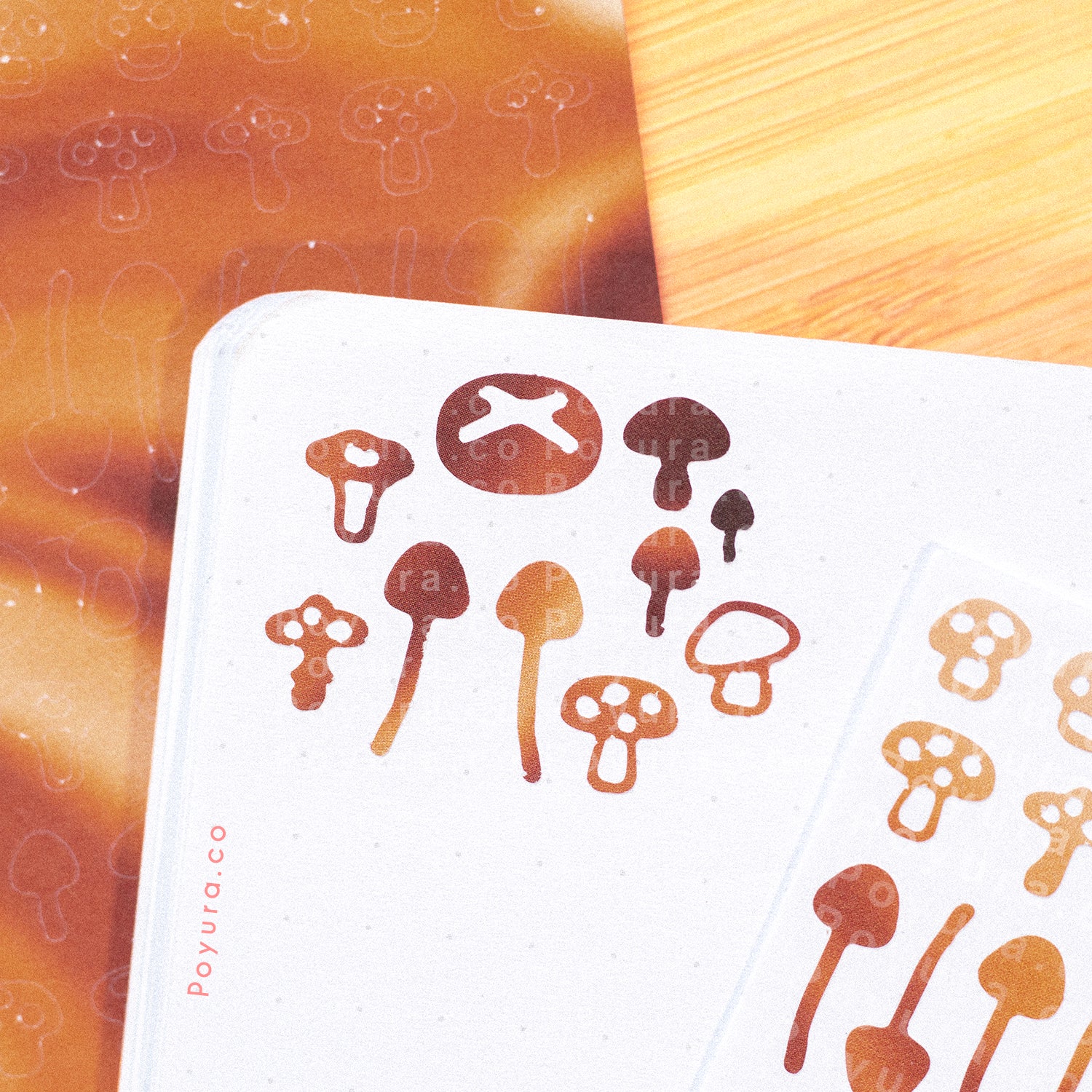 Borderless sticker with mushroom cutouts in different brown tints