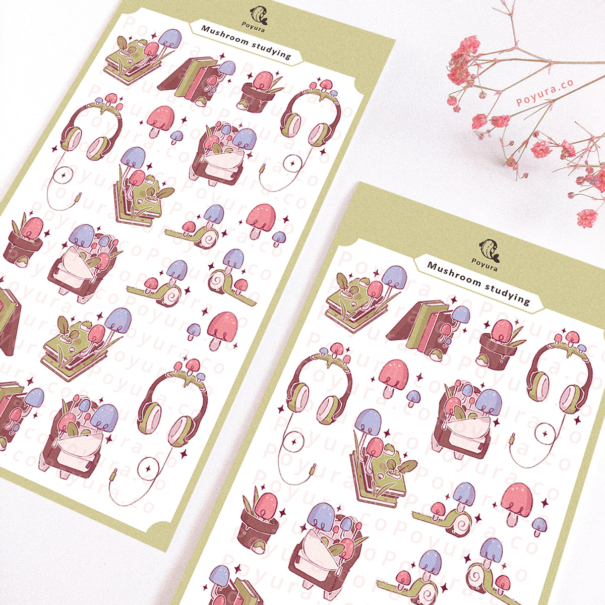 Sticker sheet of cute mushrooms on books headphones and school bags