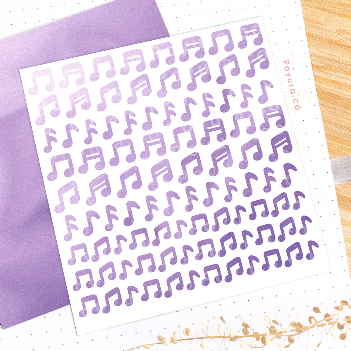 Borderless sticker with music note cutouts in different purple tints