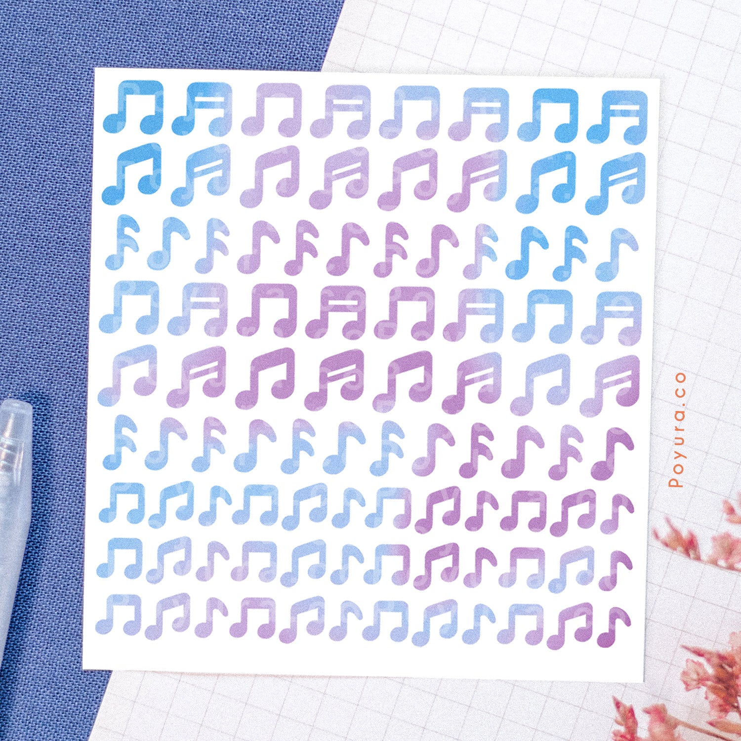 Borderless sticker with music note cutouts in different blue and purple tints