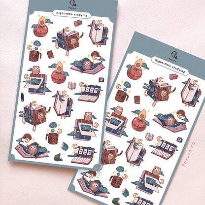 Stickers sheet of cute dark-colored studying notebooks with a moon and owls 