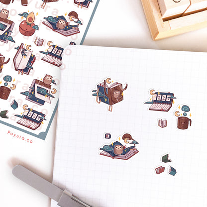 Stickers sheet of cute dark-colored studying notebooks with a moon and owls 