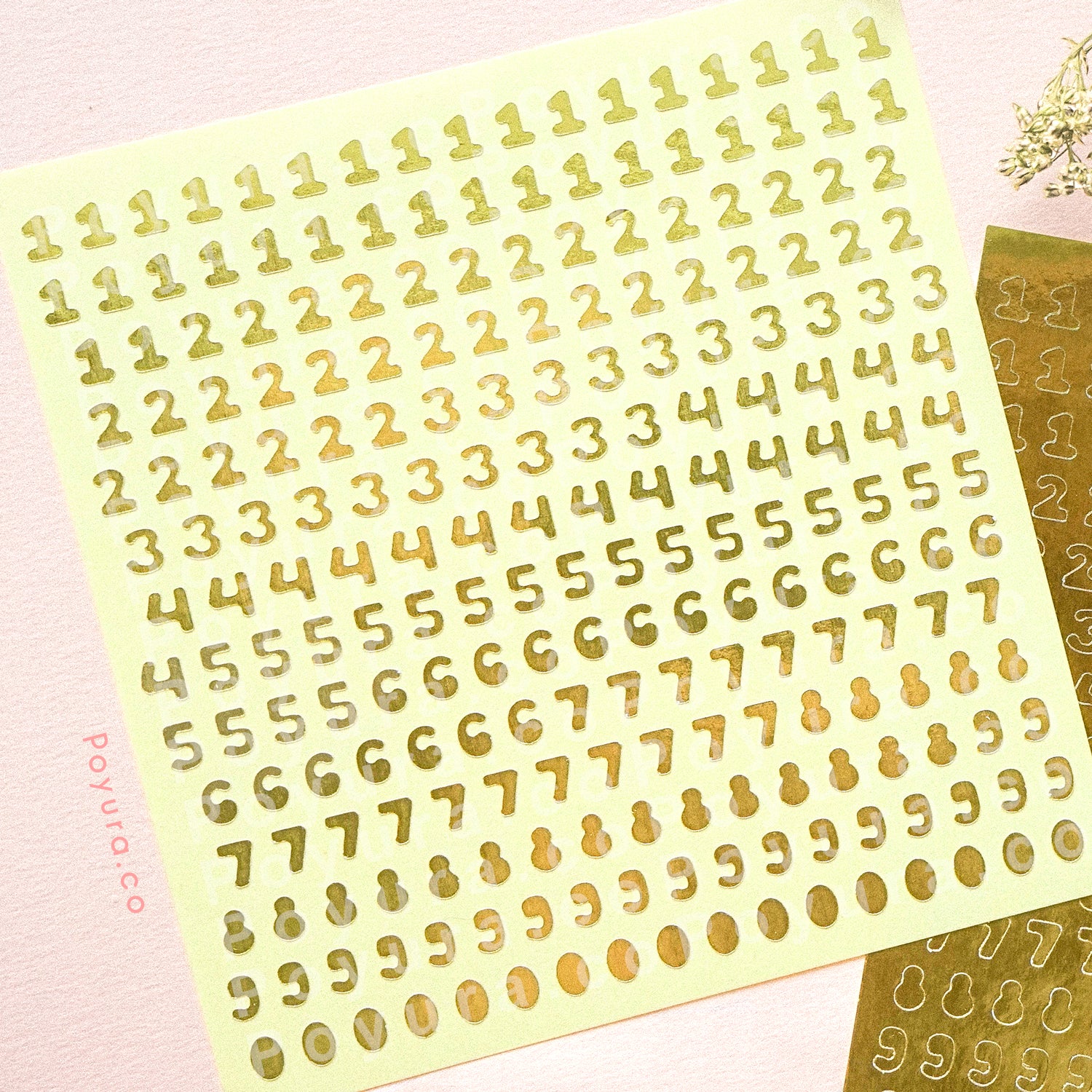 Borderless sticker with number cutouts in gold foil