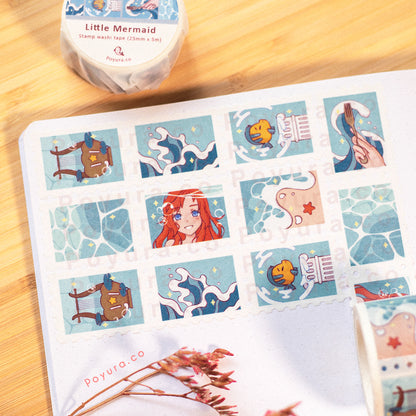 Stamp washi tape with seven different blue ocean, and beach wave designs.