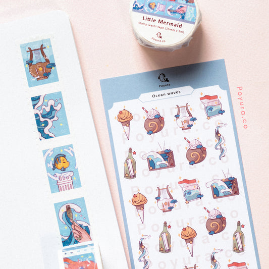 Set of matching stamp washi tape and sticker of cute ocean and wave aesthetic