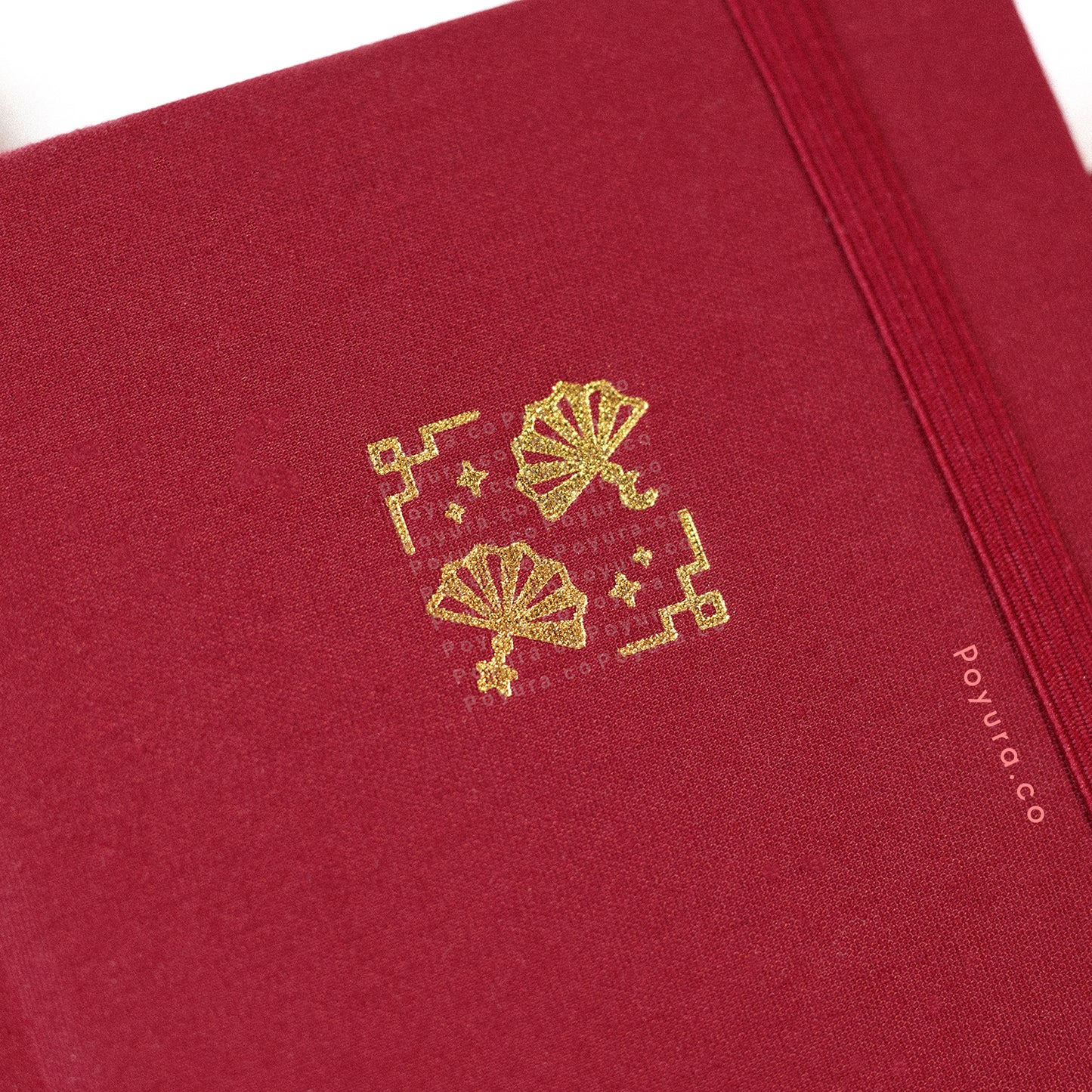 Red A6 linen hardcover Asian oriental fans bullet journal with gold foil finish