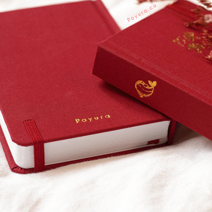 Red A6 linen hardcover Asian oriental fans bullet journal with gold foil finish