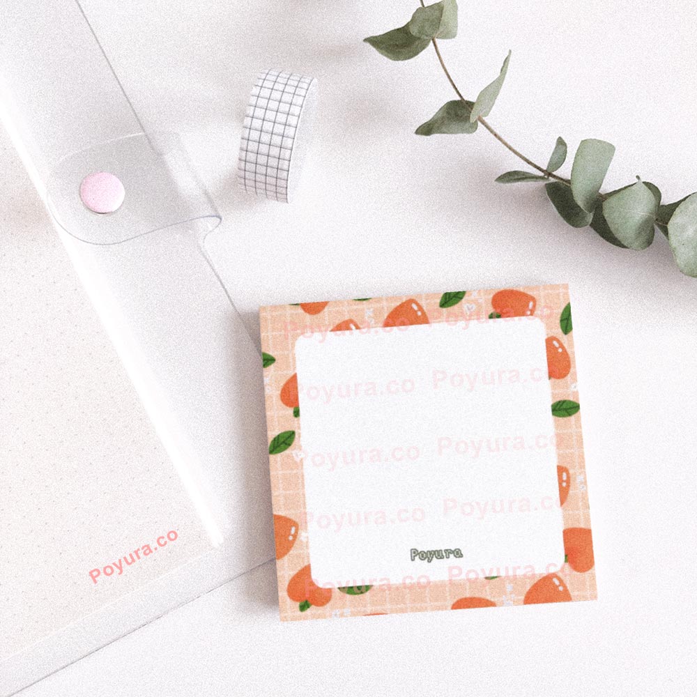 Squared memo notepad with peaches and leaves around the border