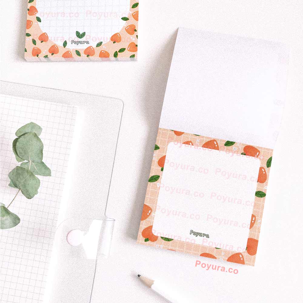 Squared memo notepad with peaches and leaves around the border