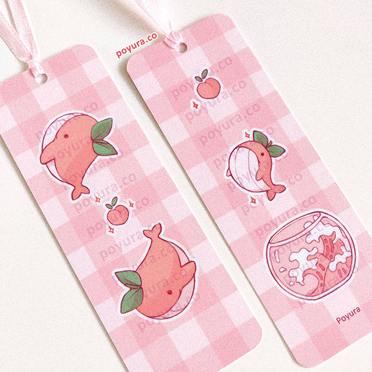 Pink checker pattern bookmark with peach whales