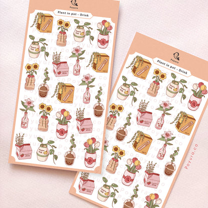 Sticker sheet of cute plants and flowers in Asian boba tea, banana milk drinks