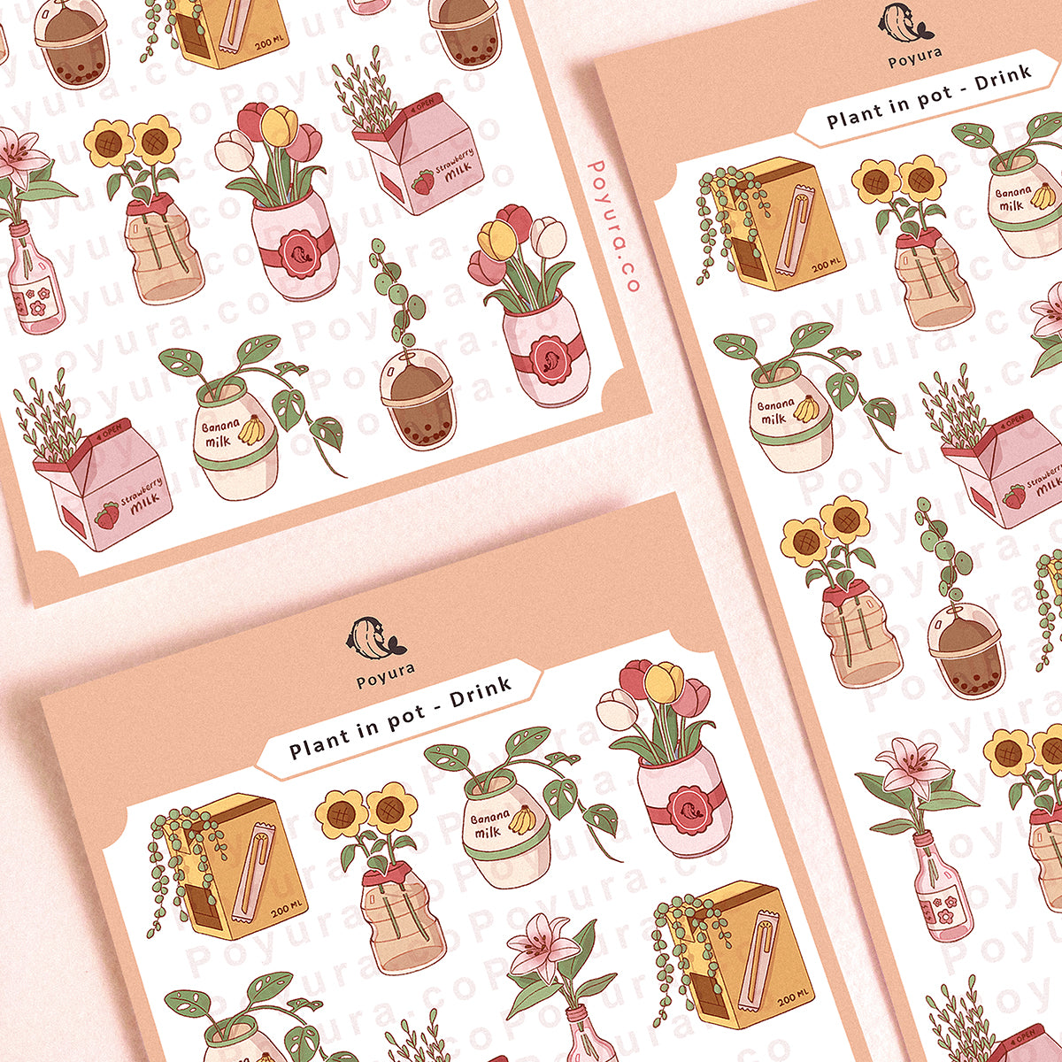 Sticker sheet of cute plants and flowers in Asian boba tea, banana milk drinks