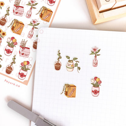 Stickers of cute plants and flowers in Asian boba tea, banana milk drinks on a journal