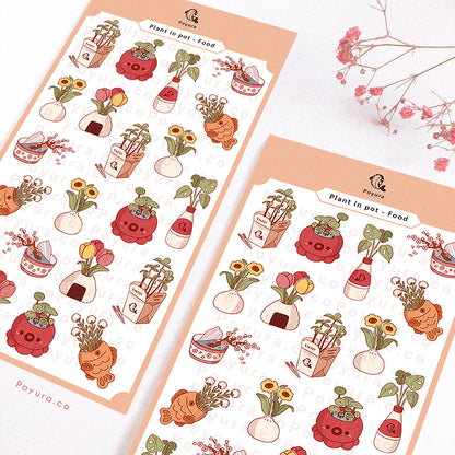 Sticker sheet of cute plants and flowers in Asian food and snacks